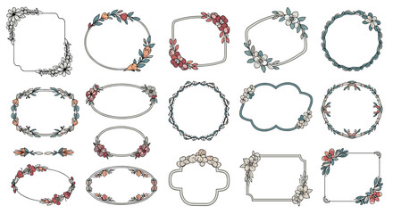 Diverse set of elegant floral and leaf frames in various shapes provides beautiful decorative borders for wedding stationery and cards.