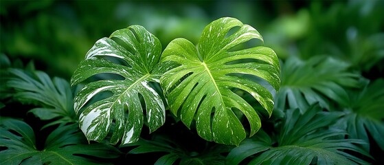 Close-up of vibrant green Monstera deliciosa leaves in natural light.
