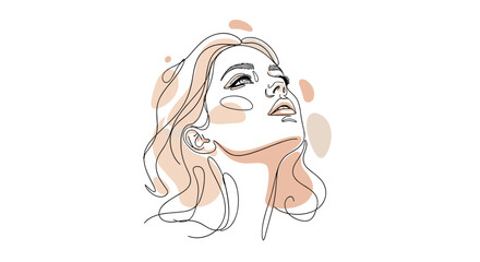 Continuous line drawing depicts a woman's face looking upwards with abstract peach colored shapes in a minimalist and elegant style.