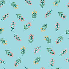 Seamless pattern with flower branches on a blue background