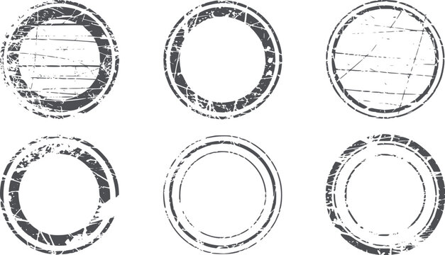 Six distressed circular black and white grunge stamp