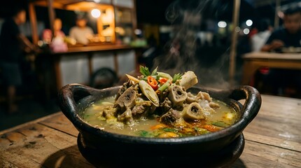 Steaming, savory traditional stew in a clay pot, served hot on a rustic wooden table at a bustling night market, embodying authentic local street food culture