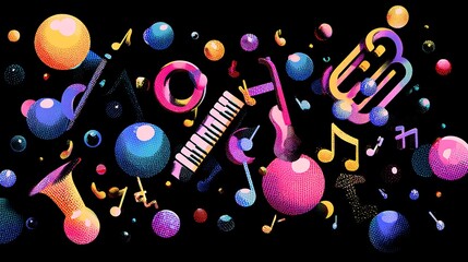 Vibrant musical icons and instruments floating with colorful orbs and notes on black background for creative design