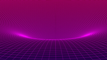 This vector illustration depicts a deep digital vortex created from a curved neon grid that recedes into perspective, creating the effect of virtual space.
