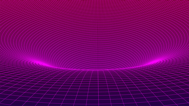 This vector illustration depicts a deep digital vortex created from a curved neon grid that recedes into perspective, creating the effect of virtual space.