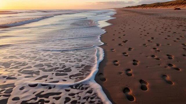 Serene Footprints on the Sandy Shore: The sun casts a golden glow on the tranquil beach, where the rhythmic lapping of the waves meets the subtle imprints left behind.