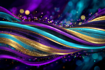 Glitter Golden Purple Teal Wave Stripes Design Sparkle Motion Lines with bokeh effect background