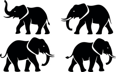 Obraz premium Elephant silhouettes in various poses black vector illustrations on white background 