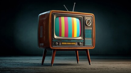 Old television set with colorful screen stands on wooden floor in dark room with shadows