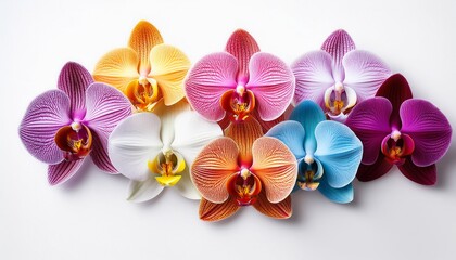 Obraz premium Stunning Array Of Colorful Phalaenopsis Orchids Against A Pure White Background Nature Orchid