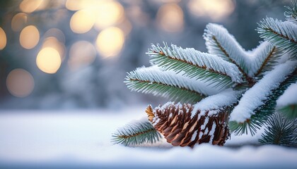 Close Up Of Snow Covered Fir Branches And One With Pine Cone In Bottom Right Corner With Soft Blurred Background And Festive Bokeh