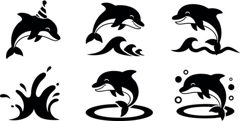 Obraz premium Dolphin silhouettes jumping and splashing in water waves and bubbles vector illustration 