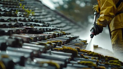 An agricultural worker in protective gear working with a row of harvested wine grapes.