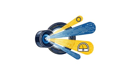 An illustration of a futuristic speedometer with blue and yellow accents