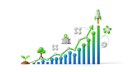 A colorful infographic showing business growth with a rocket launching upwards successfully