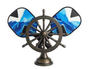Bronze ship's wheel centerpiece with artistic flags depicting a blue mountainous landscape