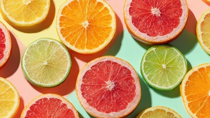 Obraz premium Vibrant Close-Up of Sliced Citrus Fruits on Pastel Background