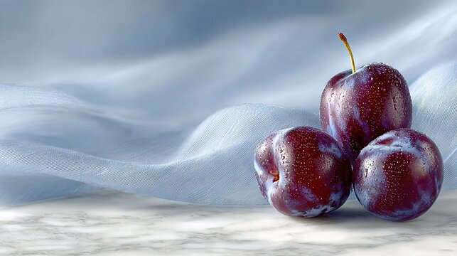   A trio of plums perched on a marble countertop adjacent to a blue-white cloth
