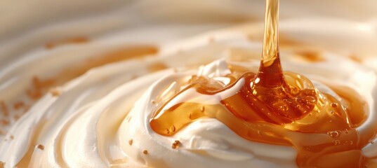 Close-up of Honey Drizzling Over Yogurt with Soft Glow in Macro Focus