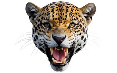 Fototapeta premium Roaring Jaguar Face Close Up | Fierce Big Cat Portrait Isolated | Jaguar Showing Teeth Aggressive Expression | Powerful Wild Jaguar Headshot | Dangerous Predator Animal Portrait | Jaguar Snarling F.