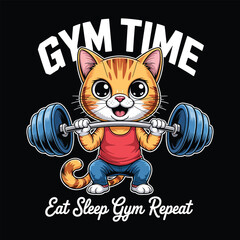 Cute Cat Lifting Weights Gym Time Funny Fitness Vector Design