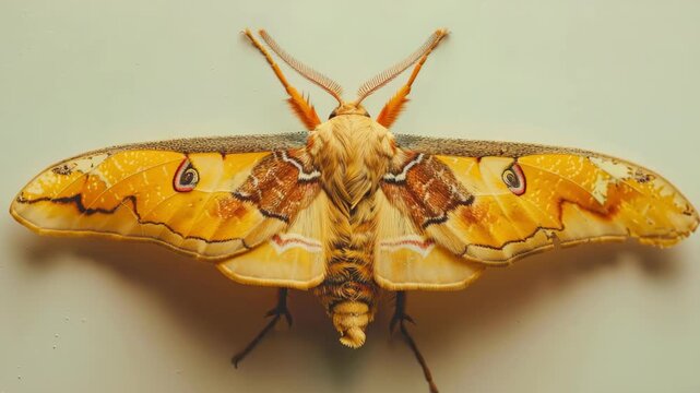 A vividly colored moth with intricate patterns resting on a white surface. The moth has prominent eyespots and detailed wing designs.