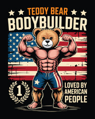 Strong Teddy Bear Bodybuilder with American Flag Background Illustration