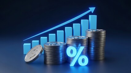 Concept of financial growth with rising blue bar graph, stacks of silver coins and glowing percentage symbol on dark background