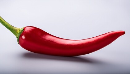 a single red chili pepper with a green stem against a dark background view on white background