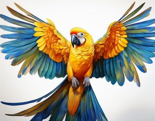 vibrant parrot with outstretched wings displaying yellow and blue plumage on white background