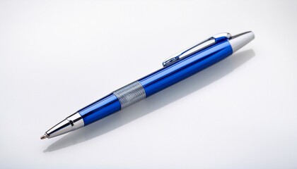 blue gel pen with silver accents and cap on white background