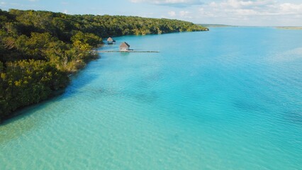 Calm lagoon with clear turquoise water near lush forest edge in Bacalar Mexico. © Olga Gorkun