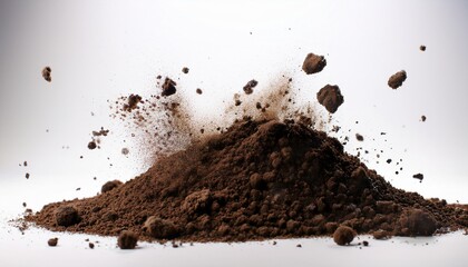 pile of dark brown soil with small clods flying against white space