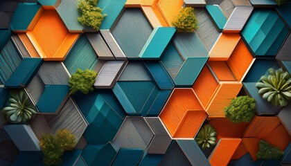 layered structure showcases a composite material with distinct sections featuring a vibrant green plant life atop hexagonal patterns and various shades of blue gray and orange
