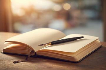 Naklejka premium Fountain pen resting on an open notebook with blank pages