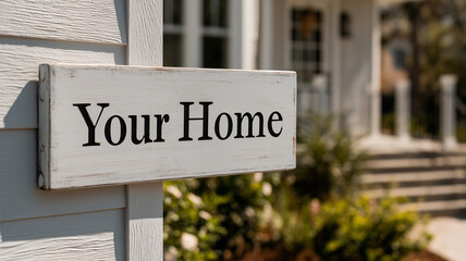 Obraz premium A minimalist Your Home metal sign mounted on a white home exterior, bright daylight, calm neighborhood setting