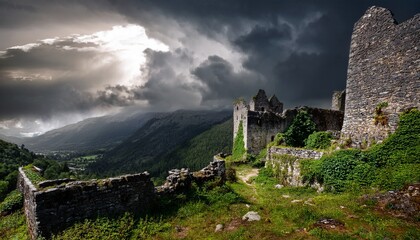 a dramatic landscape featuring overgrown ruins of a medieval fortress under a stormy sky