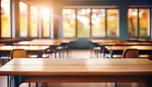 soft bokeh classroom interior with desk in foreground natural light and space for overlay - Powered by Adobe