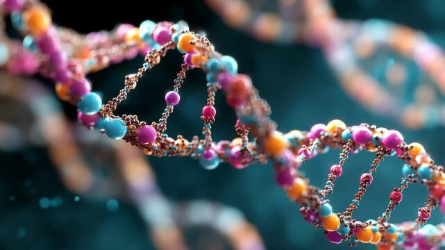 Explore the structure of DNA shown with colorful beads forming a double helix in a scientific setting using vibrant colors and lights