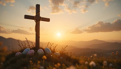 
Christian Easter concept with cross at sunrise, golden light, peaceful and spiritual mood, symbolic and respectful composition