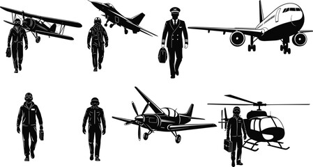 Stylized pilot and aircraft illustrations, black and white aviation silhouette art, flight gear pose, aircraft diversity concept design © MstSuborna