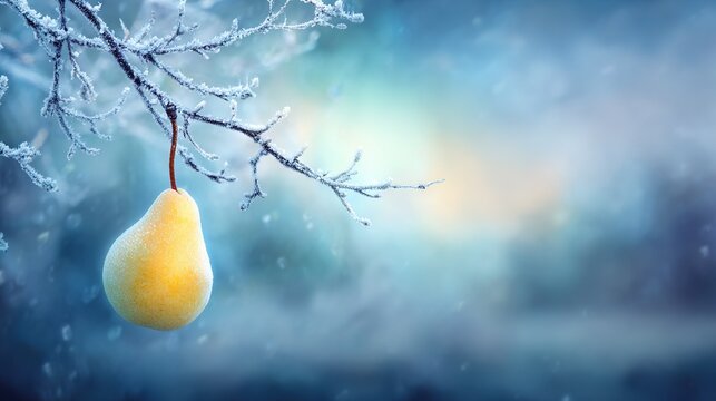    a pear dangling from a tree branch with snow on the branches and a focused blue sky in the background