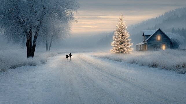   Two individuals strolling along a snowy path adjacent to a house featuring a Christmas tree
