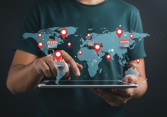 A person is holding a tablet with a world map and location pins on it