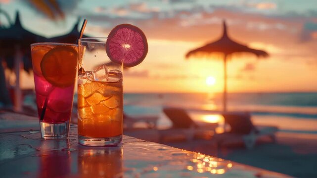 Pink and orange sunset cocktails garnished with slices of citrus fruit, served on a table overlooking the ocean at dusk.