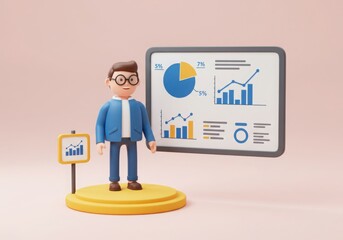 Cartoon man presenting business data on a board with charts and graphs