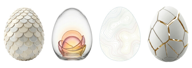 Set of four uniquely designed eggs with various textures and patterns