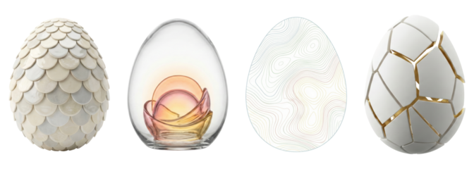 Set of four uniquely designed eggs with various textures and patterns