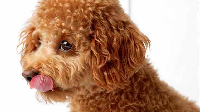 Cute brown toy poodle dog licking its lips, looking the camera with a playful white on expression. Animal video 4k