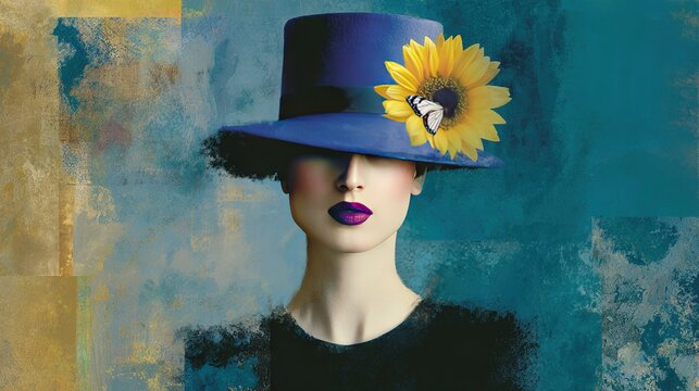   Painting of a woman wearing a blue hat with a sunflower and bee on top